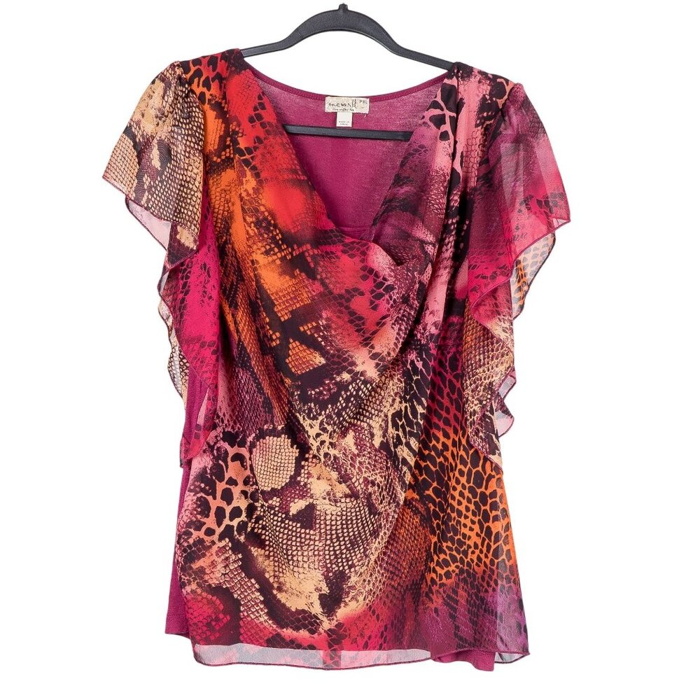 Draped Leopard Snake Print Shirt PXL Petite XL Pink Orange Layered Ruffle Sleeve